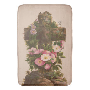Tapis De Bain Croix rustique antique, roses sauvages, carte de P