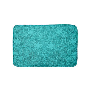 Tapis De Bain Cuir en daim bleu turquoise Texture Florale