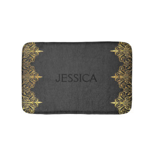 Tapis De Bain Cuir Vintage Noir Avec Cadre Tourbillonnant Or