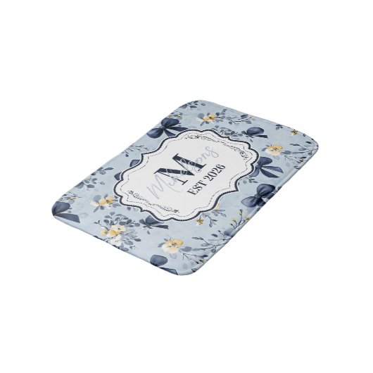 Tapis De Bain Custom Elegant Blue Bow Floral Monogram (Angle)