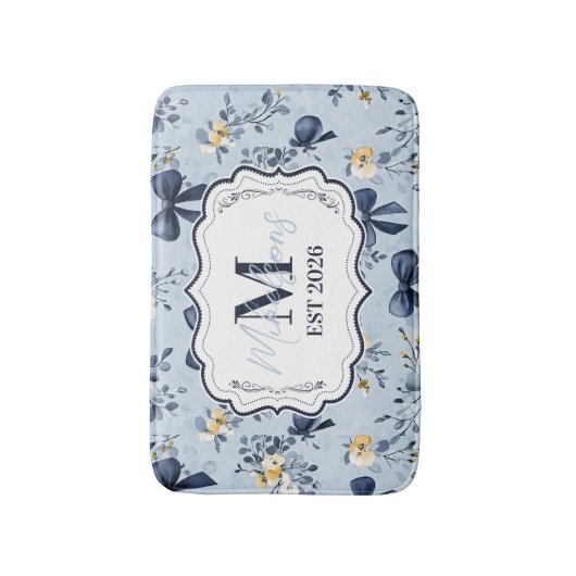 Tapis De Bain Custom Elegant Blue Bow Floral Monogram (Devant (Vertical))