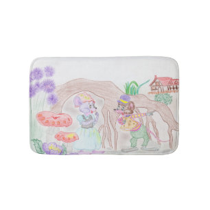 Tapis De Bain Custom Kids Artwork, deux mignonnes souris, fleurs
