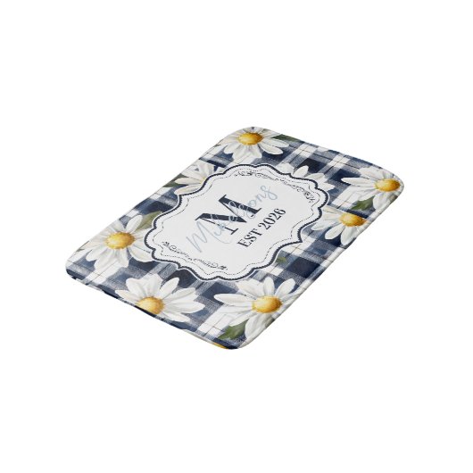 Tapis De Bain Custom Navy Gingham Daisy Monogram (Angle)