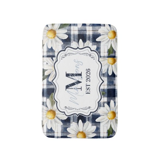 Tapis De Bain Custom Navy Gingham Daisy Monogram (Devant (Vertical))
