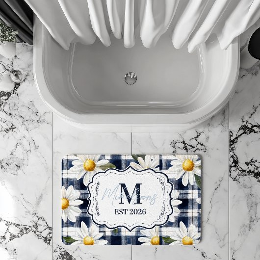 Tapis De Bain Custom Navy Gingham Daisy Monogram