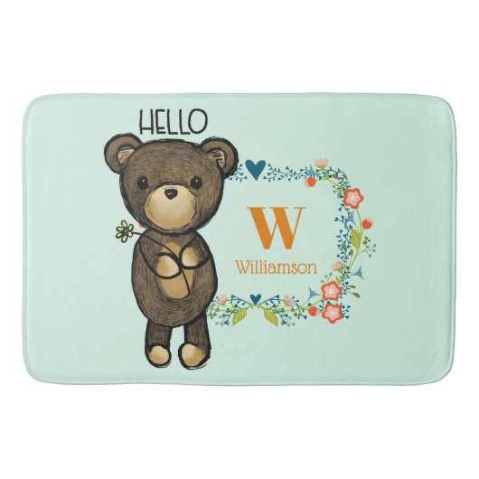 Tapis De Bain Cute Bear, Yellow Flower & Floral Wreath Monogram (Devant)