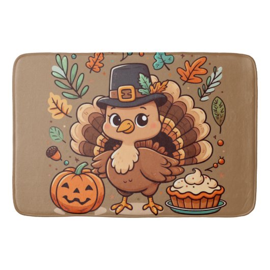 Tapis De Bain Cute caricature Thanksgiving dinde et citrouille (Devant)