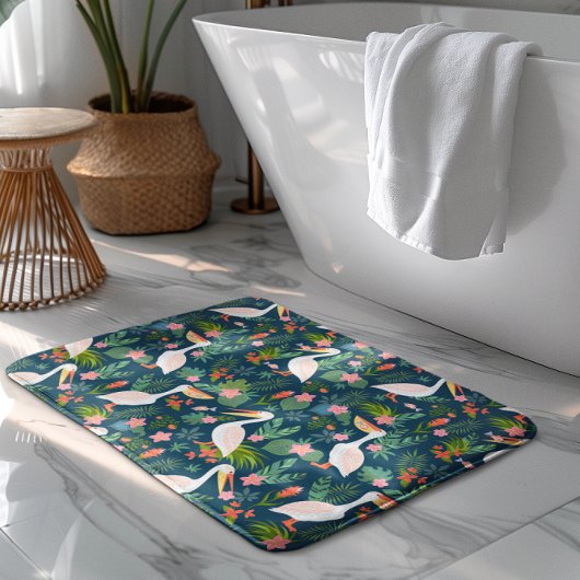 Tapis De Bain Cute pélicans coloré fleurs tropicales motif