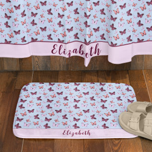 Tapis De Bain Cute rose et bleu papillon Nom personnalisé Fille
