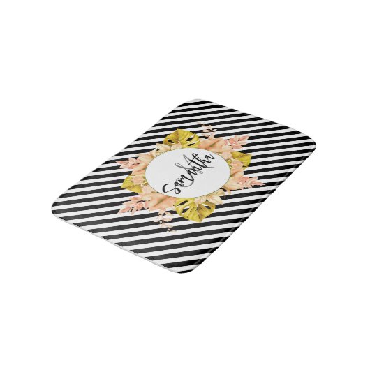 Tapis De Bain Cute Stripes et Monogramme Floral (Angle)