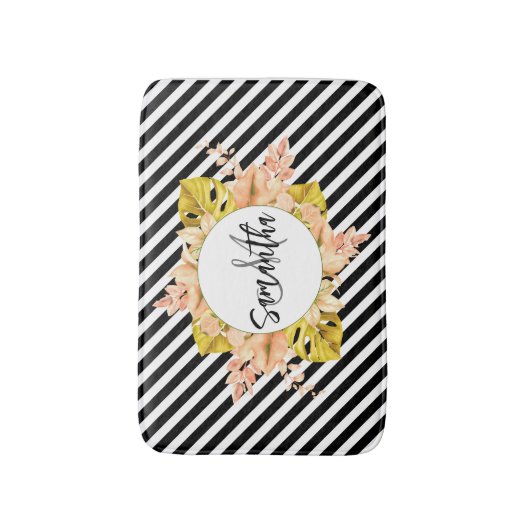Tapis De Bain Cute Stripes et Monogramme Floral (Devant (Vertical))