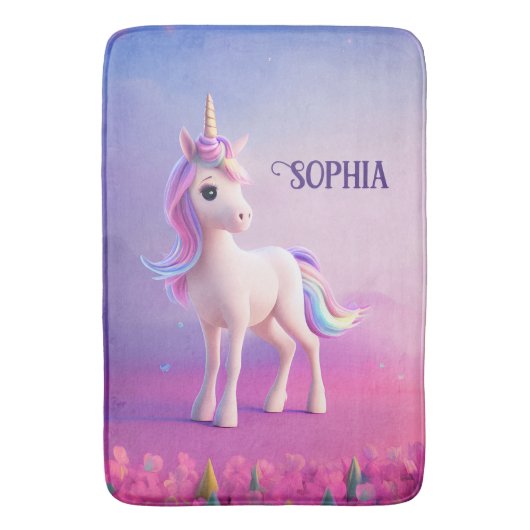 Tapis De Bain Cute Unicorne Blanche Avec Rose & Bleu Mane (devant Vertical)
