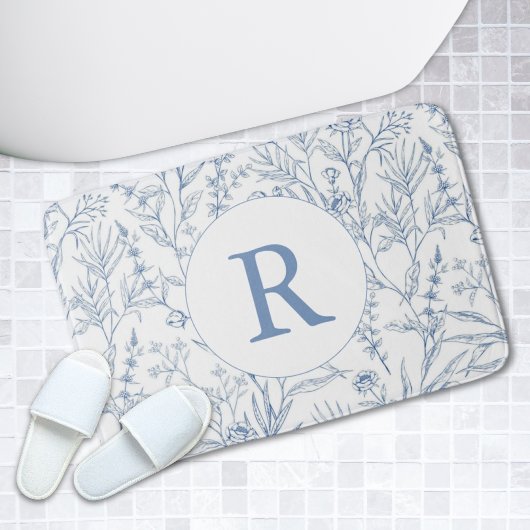 Tapis De Bain Dainty Bleu et Blanc Floral Monogramme Bain Mat