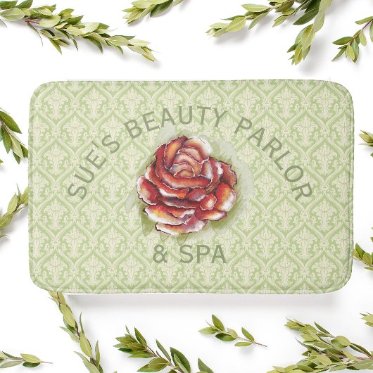 Tapis De Bain Damask Spring Green Pattern With Rose