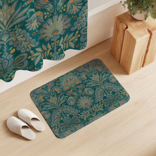 Tapis De Bain Damassé botanique bleu sarcelle orange vert