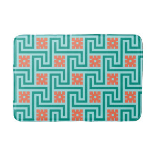 Tapis De Bain Déco clé grecque, turquoise, aqua et corail