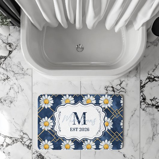 Tapis De Bain Décor de monogramme à carreaux Navy Daisy