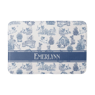 Tapis De Bain Décor de monogramme de chien en toile de Jouy fran