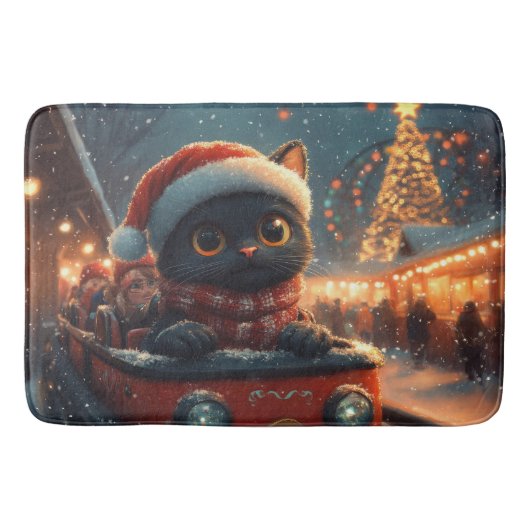 Tapis De Bain Dessous de verre noir à rouleaux de chat Noël (Devant)