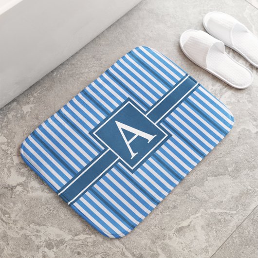 Tapis De Bain Dimensions simples Bleu et Blancs Monogramme