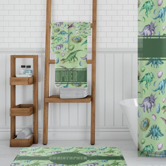 Tapis De Bain Dinosaure jurassique à grillage vert avec nom