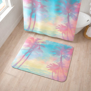 Tapis De Bain Douces Palmiers Tropicaux Pastel Teinte Turquoise