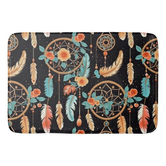 Tapis De Bain Dreamcatchers Whimsical boho floral noir turquoise (Devant)
