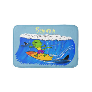 Tapis De Bain Drôle caricature de surf de lézard au cou