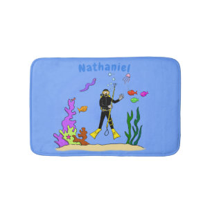 Tapis De Bain Drôle plongeur et poisson mer créatures dessin ani