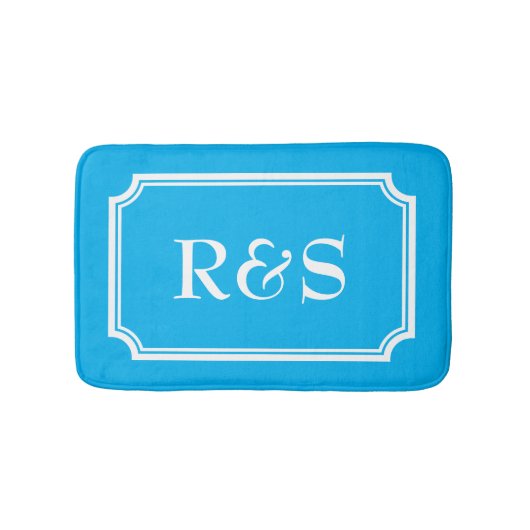 Tapis de bain élégant bleu et blanc à monogramme (Devant)