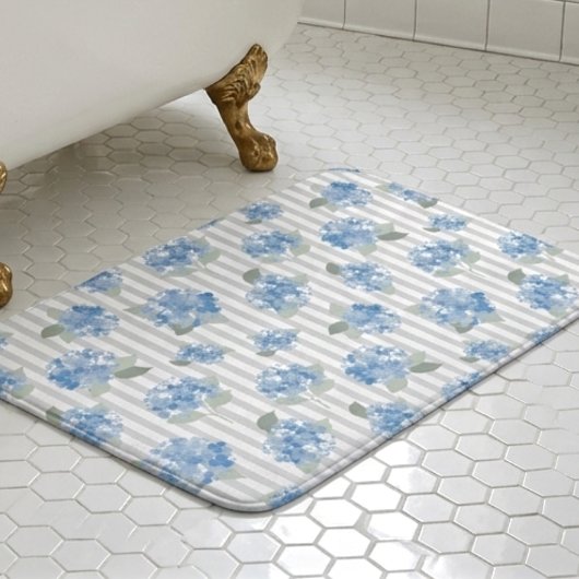 Tapis De Bain Elegant Blue Hydrangea Pattern Gray Stripe 