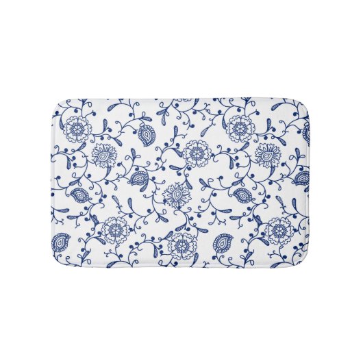 Tapis De Bain Elégant Boho Bleu et Blanc Fleurs et Fils (Devant)