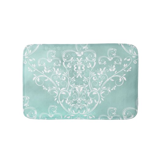 Tapis De Bain Élégant Damas Turquoise et blanc (Devant)