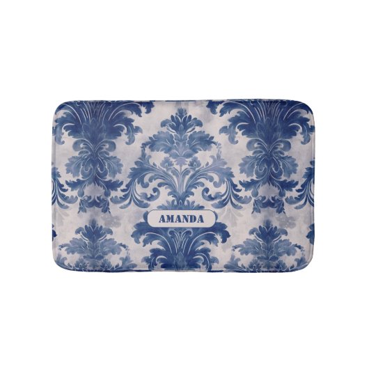 Tapis De Bain Élégant damassé Bleu toile de jouy monogramme (Devant)