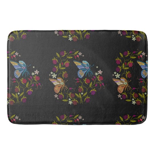 Tapis De Bain Elegant Embroidery Style Pattern Flowers Butterfly (Devant)