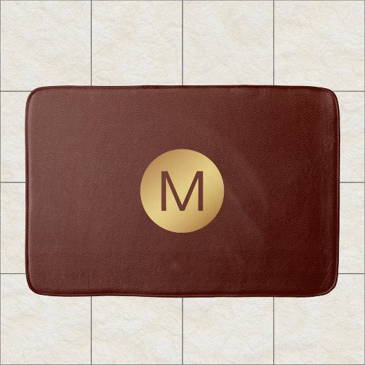 Tapis De Bain Élégant Faux Rouge Cuir & Or Monogramme Initial