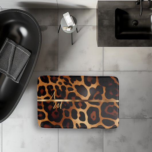 Tapis De Bain Élégant Léopard Impression Monogramme Luxe