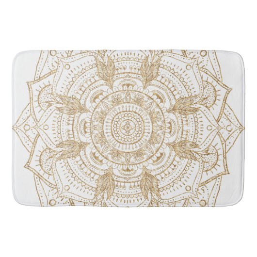 Tapis De Bain Elégant Mandala Blanc & Or Dessiné À La Main (Devant)