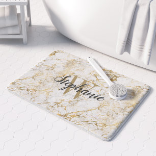 Tapis De Bain Élégant Marbre blanc Or Monogramme Script