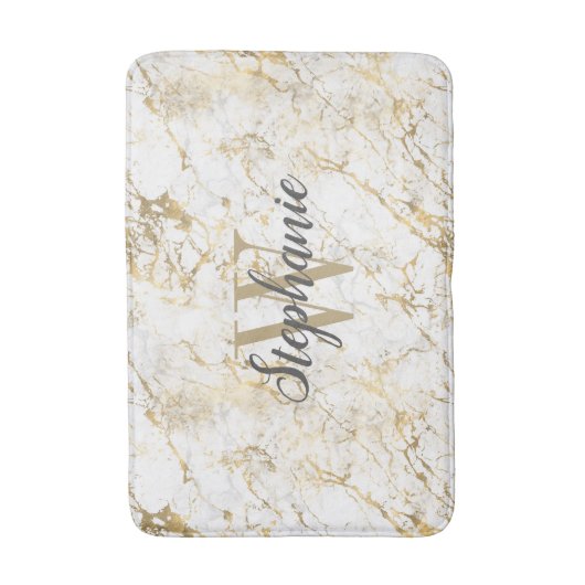 Tapis De Bain Élégant Marbre blanc Or Monogramme Script (Devant (Vertical))