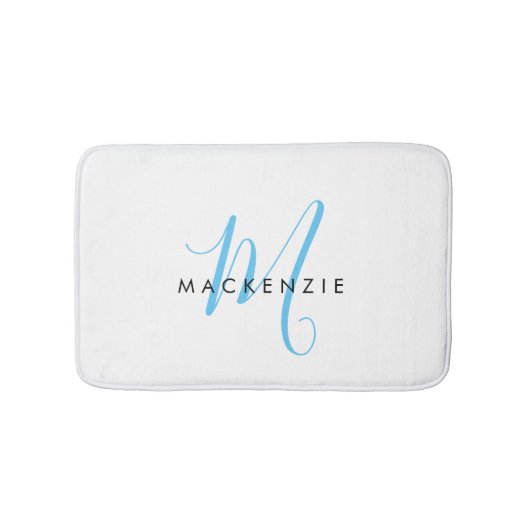 Tapis De Bain Élégant Moderne Ciel Blanc Bleu Monogramme Script (Devant)