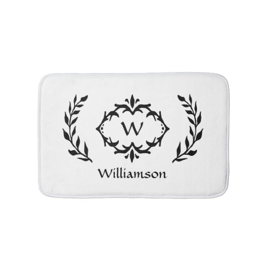 Tapis De Bain Élégant Moderne Monogramme Wreath Black White Chic (Devant)
