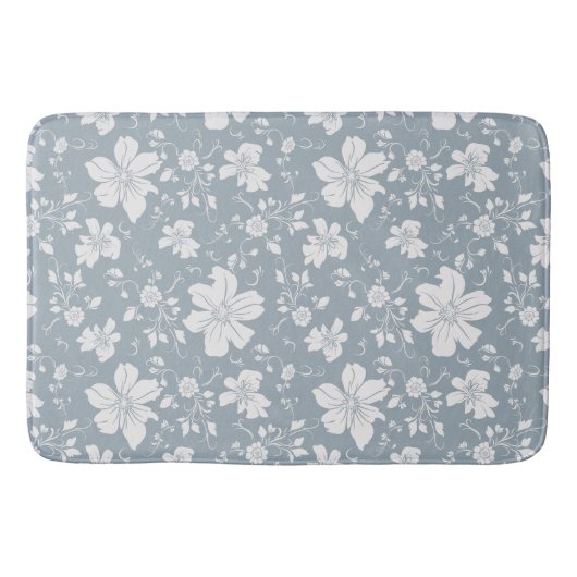 Tapis De Bain élégant monochrome motif floral bleu gris (Devant)