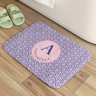 Tapis De Bain Elégant Monogramme Bleu Lignes Abstraites