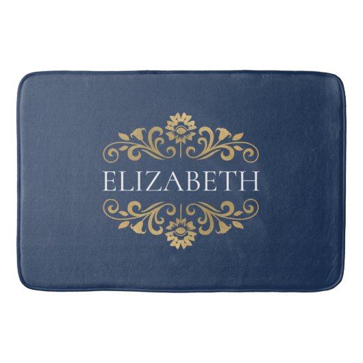 Tapis De Bain Élégant Monogramme Marine Bleu Mat Bain Or (Devant)