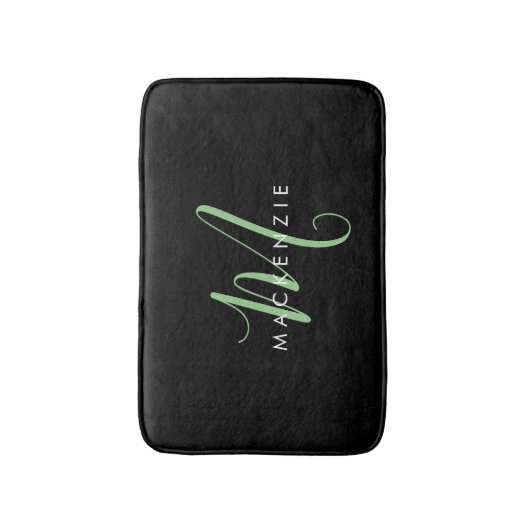 Tapis De Bain Élégant Monogramme moderne noir vert Script (Devant (Vertical))