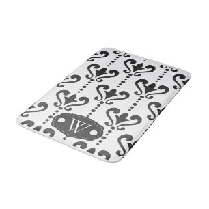 Tapis De Bain Élégant Monogramme noir et blanc damassé