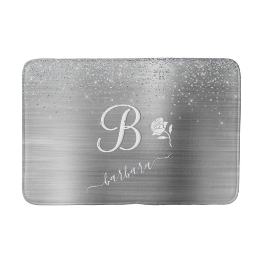 Tapis De Bain Élégant Monogramme Personnalisé Éclairage Argent (Devant)