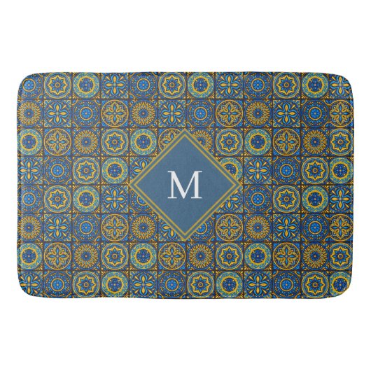 Tapis De Bain Élégant monogramme personnalisé marocain bleu et b (Devant)