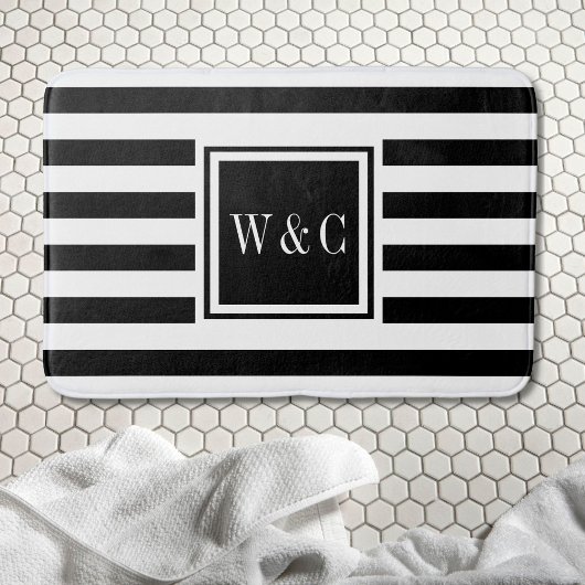 Tapis De Bain Élégant Monogramme Rayure Noir Blanc